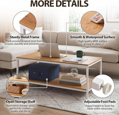 SUPER DEAL 2-Tier Coffee Table with Storage Shelf for Small Apartment Living Room, Rectangle Wood and Stable Metal TV Stand Side End Table, Natural Wood