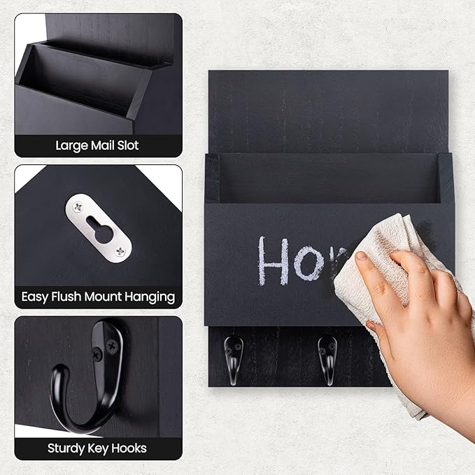 Key and Mail Holder for Wall Mount, Entryway Mail Holder with 2 Slot, Key Holder with 3 Sturdy Hooks for Coat, Dog Leash, Decorative Key Rack (8.86”W x 11.42”H x 3”D) (Black)