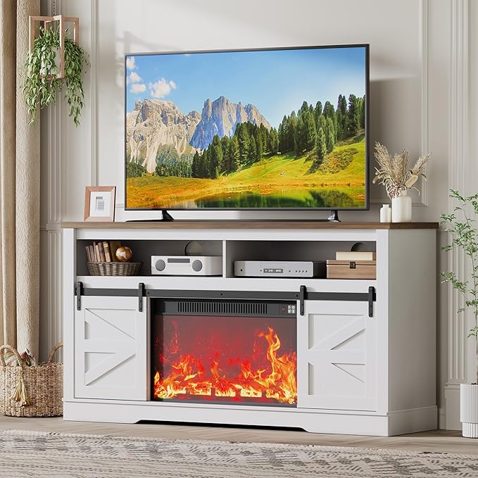 JUMMICO Fireplace TV Stand for 65+ Inch TV with 26'' Fireplace Entertainment Center with Storage Cabinet and Adjustable Shelves Media Console with Sliding Barn Door for Living Room (Bright White)