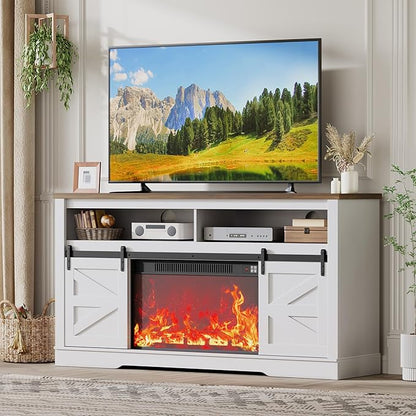 JUMMICO Fireplace TV Stand for 65+ Inch TV with 26'' Fireplace Entertainment Center with Storage Cabinet and Adjustable Shelves Media Console with Sliding Barn Door for Living Room (Bright White)