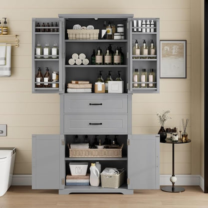Storage Cabinet,Tall Freestanding Cabinet with Adjustable Shelf | Tall storage cabinet, 4-door design, 5+ shelves, upper door shelves, and 2 pull-out compartments for organized storage