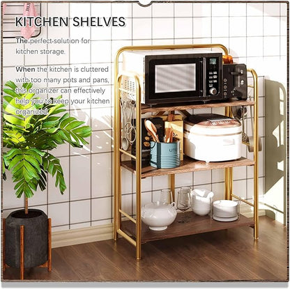 4NM No Assembly Folding Bookshelf, 3 Tiers Collapsible Book Shelves Open Industrial Foldable Storage Bookcase Shelf for Bedroom, Living Room, Home Office - Brown and Gold