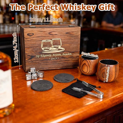 Charred Wooden Bourbon Drinking Glass 300 ML Set with Whiskey Stones, Gift Box, Tongs & Coasters – Unbreakable Oak Whiskey Cups for Bourbon Lovers, Ideal Gift for Dad, Men, Husband