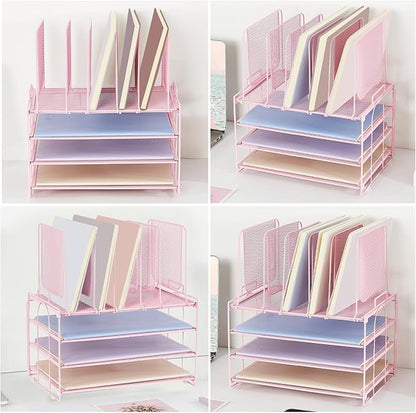 Desk Organizers and Accessories, 3-Tier Paper Organizer with 5 Vertical File Holders, File Organizer for Desk (Pink, 3T)