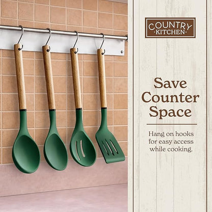 Country Kitchen Non Stick Silicone Utensil Set with Rounded Wood Handles for Cooking and Baking, 8 Piece Set, Green