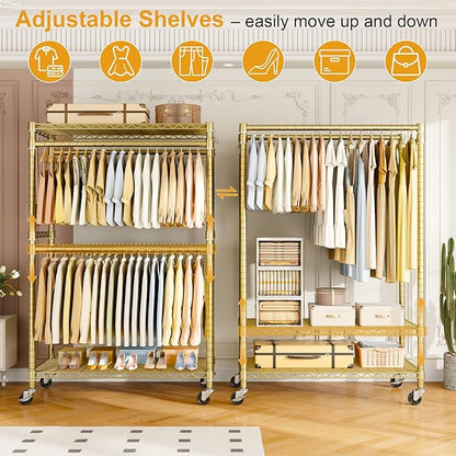 P4 Plus Rolling Clothes Rack Heavy Duty, Clothing Racks for Hanging Clothes, Free Standing Garment Racks with Wheels, Portable Closet Rack 45'' W × 20.5'' D × 80.5'' H, Max Load 570 Lbs, Gold
