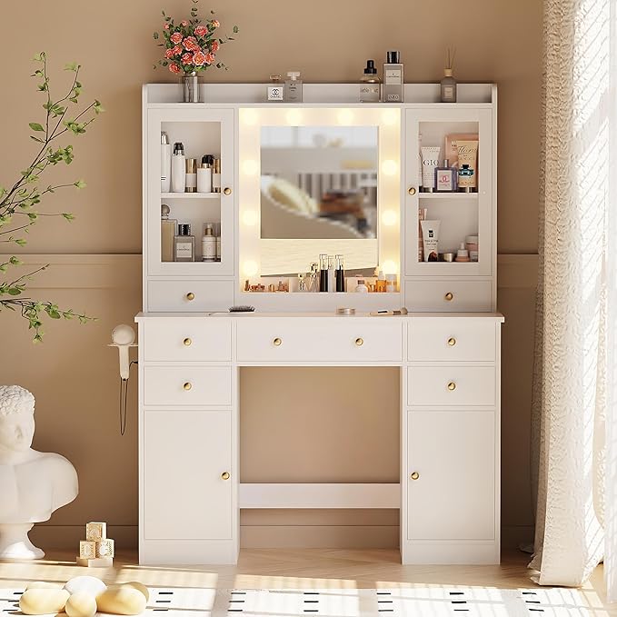 Vanity Desk with Mirror and Lights, White Vanity with Lighted Mirror & Power Outlet and 7 Drawers, 3 Color Modes Adjustable, Makeup Dressing Table Set with Lights for Girls Women