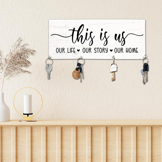 This is Us Wooden Key Holder for Wall - 5"x10" Key Organizer Hanger with 4 Hooks for Home Front Door Hallway Entryway Kitchen - Home Office Decor & Housewarming Gifts Supplies - A05