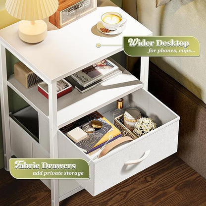 Huuger Night Stand Set of 2, Nightstand with 2 Drawers, Bed Side Table with Open Shelf, Wooden Top, End Table, PU Leather Fabric Drawer Surface, for Bedroom, White