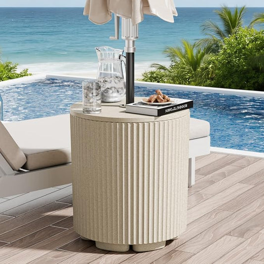 Outdoor Umbrella Stand with Hole, in Pool Umbrella Stand with Weighted Water Filled Bladder, Fluted Vertical Ribbed Design, All Weather Umbrella Side Table Base, Patio Umbrella Base, Beige