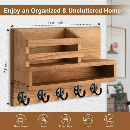 Key and Mail Holder Wall Mount, Key Hanger with Long Storage Box and Key Hooks for Coat, Dog Leash, Home Decor Rack, House Accessories, Entry Way Organizer