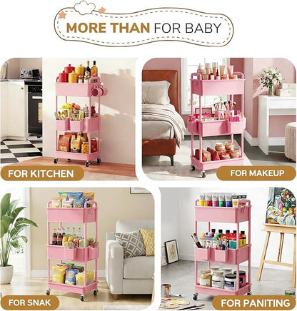 Goovilla Diaper Cart with Lockable Wheels and Easy Assembly, 3 Tier Pink Rolling Cart for Baby Nursery Storage, Sturdy Ample Diaper Caddy Organizer for Baby Girl, Boy, New Mom, Newborn Essentials