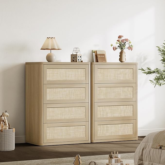SICOTAS 4 Drawer Dresser for Bedroom-40.59'' Tall Rattan Bedroom Dressers with Oversized Drawers, Boho Wooden Chest of Drawers, Push-to-Open Storage Dresser for Closet, Nursery, Sand Oak, 2PCS