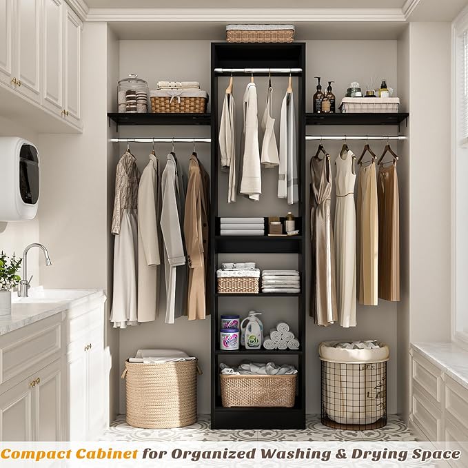 Cyclysio 4FT Small Closet System, 80"H Closet Organizer System with 4 Closets Rods & 3 Shelves, 48" Closets Organizers and Storage for Small Bedrooms, Laundry Rooms, Cloakrooms, Black