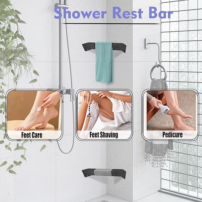 LIWEIKE Shower Foot Rest for Shaving Legs Non-Slip Scrub Corner Shower Footrest Bar Sturdy Stainless Steel Bathroom Stool for Shower to Shaving Legs Square, Matte Black