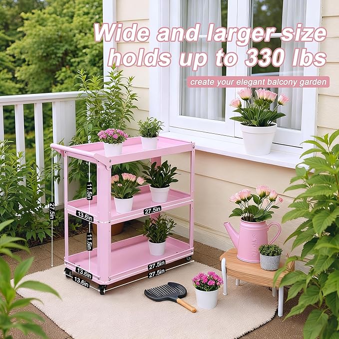 XCX 3 Tier Metal Utility Rolling Cart with Wheels, Heavy Duty Storage Organizer Trolley Cart for Kitchen, Bathroom, Office, Bedroom – Multi-Purpose 330Lbs Capacity Utility Cart on Wheels, Pink