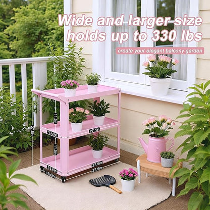 XCX 3 Tier Metal Utility Rolling Cart with Wheels, Heavy Duty Storage Organizer Trolley Cart for Kitchen, Bathroom, Office, Bedroom – Multi-Purpose 330Lbs Capacity Utility Cart on Wheels, Pink