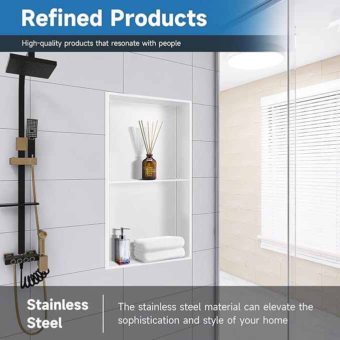 Shower Niche 9" X 25" White, Stainless Steel Wall Niche Double Shelves Recessed Shower Shelf for Bathroom Storage, No Tile Needed Over Mount Installation