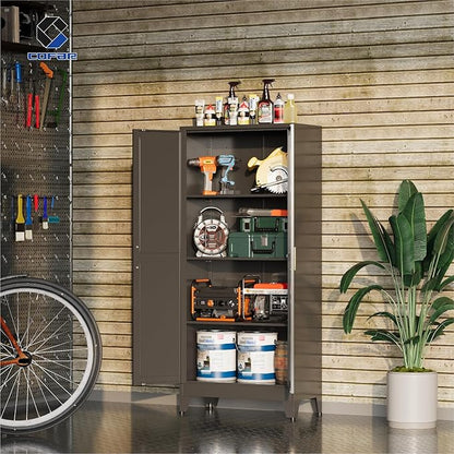 COFaR Black Metal Cabinet, 61 in Tall Metal Storage Cabinet with 3 Adjustable Shelves and Barn Doors, Farmhouse Cabinet Pantry Cupboard for Garage Office Room Kitchen Shop, Black 4 Tiers