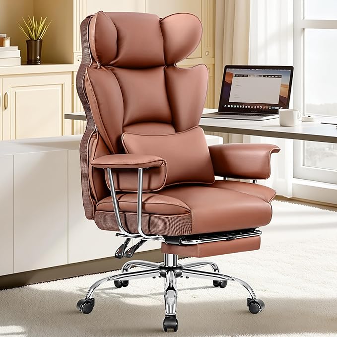Office Chair Comfy, Big and Tall Executive Leather Chair, High Back Ergonomic Wide Chair with Footrest, Reclining Computer Desk Chair, Heavy Duty Gaming Chair with Padded Arm and Pillow, Brown