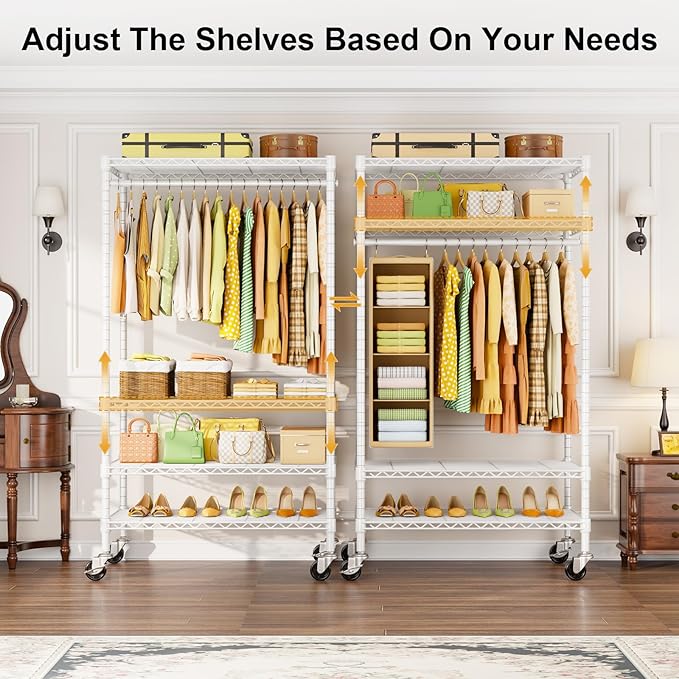 P9 Rolling Clothes Rack Heavy Duty, Clothing Racks for Hanging Clothes, 4 Tiers Garment Rack with Wheels, Metal Portable Closet Rack, 35.5" L X 15.8" W X 80.5" H, Max Load 445 LBS, White