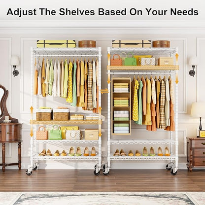 P9 Rolling Clothes Rack Heavy Duty, Clothing Racks for Hanging Clothes, 4 Tiers Garment Rack with Wheels, Metal Portable Closet Rack, 35.5" L X 15.8" W X 80.5" H, Max Load 445 LBS, White
