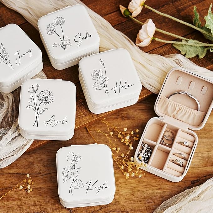 Custom Jewelry Box, Personalized Jewelry Travel Case Leather Mini Jewelry Case with Name & Birth Flower Mothers Day Gifts, Birthday Gifts, Wedding Gifts for Women Mom Wife Girls