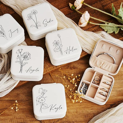 Custom Jewelry Box, Personalized Jewelry Travel Case Leather Mini Jewelry Case with Name & Birth Flower Mothers Day Gifts, Birthday Gifts, Wedding Gifts for Women Mom Wife Girls