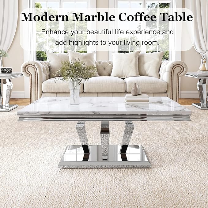 Modern Marble Coffee Table, 47" Living Room Table with Diamond-Shape Stainless Steel Base and Thickened Faux Marble Top for Living Room, Bedroom, Lounge (Silver,White)