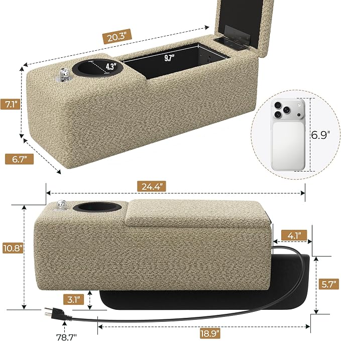 Multifunctional Couch Caddy Armrest with Couch Cup Holder Charging Console Phone Holder Storage 20.3'' Arm Rest Caddy Removable Chenille Sofa Armrest Organizer for Home Sofa Living Room, Camel