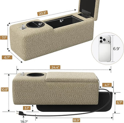 Multifunctional Couch Caddy Armrest with Couch Cup Holder Charging Console Phone Holder Storage 20.3'' Arm Rest Caddy Removable Chenille Sofa Armrest Organizer for Home Sofa Living Room, Camel
