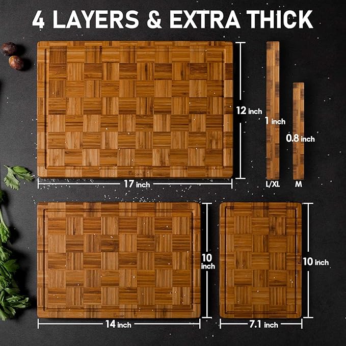 Kikcoin Extra Large Bamboo Cutting Boards, (Set of 3) Chopping Boards with Juice Groove Bamboo Wood Cutting Board Set Butcher Block for Kitchen, End Grain Serving Tray (Pack of 2)