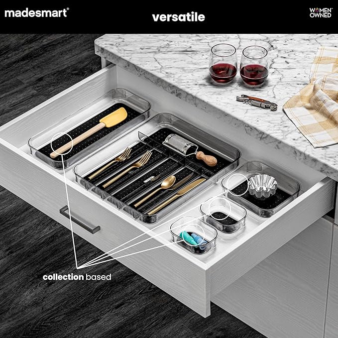 madesmart Premium 4 Piece Clear Storage Bin Set, Modular Drawer Organizers for Office, Kitchen, Bathroom & Home, Soft Grip Lining, Non Slip Base, Durable Plastic, Carbon