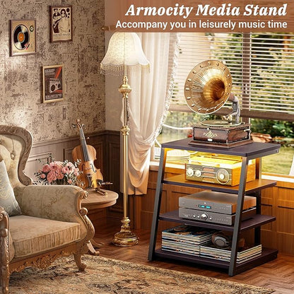 Armocity 4-Tier AV Media Stand with Power Strips, Stereo Stand with LED Lights, Rack Audio Tower with Adjustable Shelves, Small Entertainment Center, 30'', Black Ebony