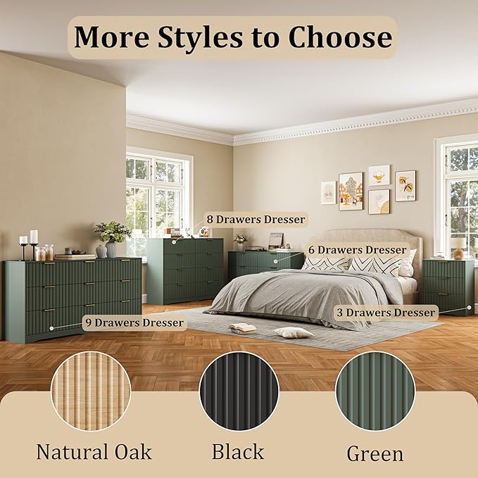 Fluted 9 Drawers Dresser for Bedroom, 63" Wide Wood Dressers Chest of Drawers with Metal Handle, Long Modern Dresser TV Stand Storage Organizer for Living Room, Green