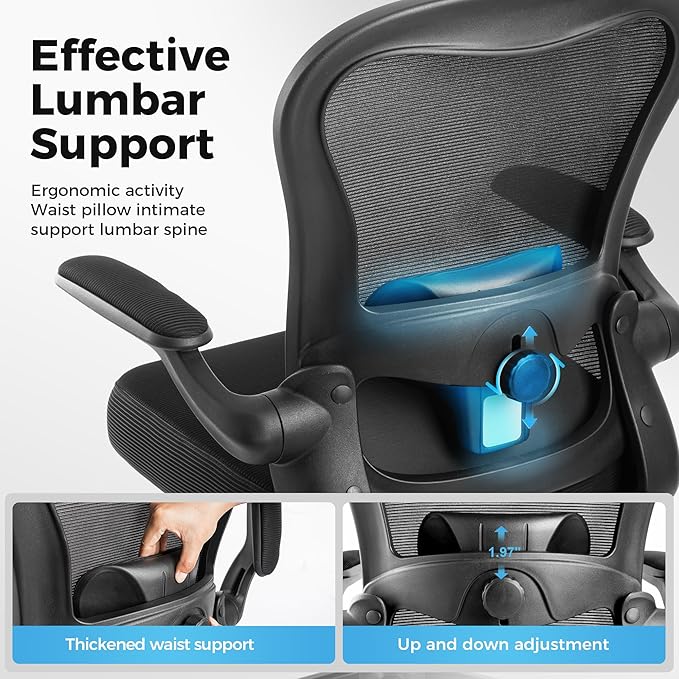 MAISON ARTS Office Chair, Ergonomic Desk Chair with Height Adjustable Lumbar Support, Mesh Design, Flip-up Armrests, Rocking Backrest, Executive Rolling Swivel Comfortable Task Chair for Home Office