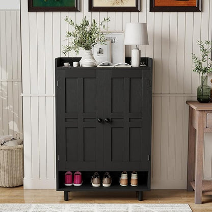 Farmhouse Shoe Cabinet with Doors, 6-Tier Wooden Shoe Organizer with Adjustable Shelves, Entryway Storage Cabinet with Metal Legs, Rustic Shoe Storage for Entryway or Living Room (Black)