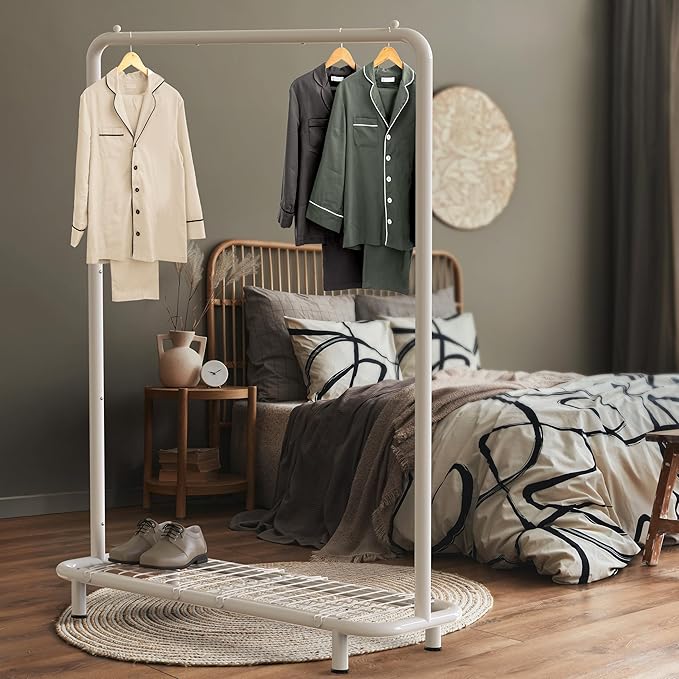 Simple Houseware Clothing Rack with Industrial Pipe and Bottom Shelves, White