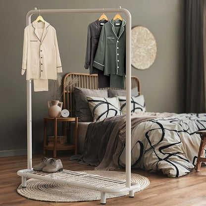 Simple Houseware Clothing Rack with Industrial Pipe and Bottom Shelves, White