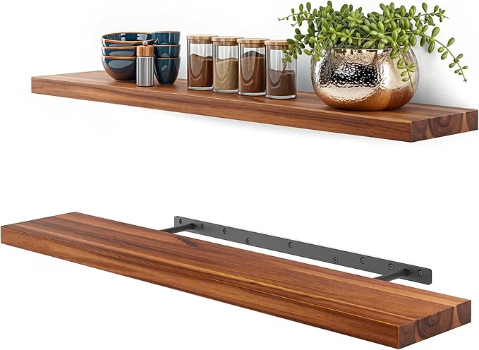 BATODA Set of 2 36" Wood Floating Shelves Wall Mounted – Rustic Farmhouse Wooden Wall Storage Shelf for Bedroom, Kitchen, Home Décor - Brackets and Shelving Hardware Included (Acacia, 36inch)
