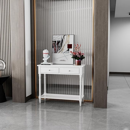 Solid Wood Console Table with 2 Drawers, 2-Tier 35.4" X 30" Accent Sofa Table with Multilayer Storage Shelf Rustic Hall Entryway Tables for Living Room Home Office-Ivory White