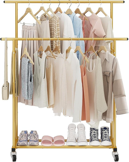 Calmootey Double Rod Clothing Garment Rack,Rolling Hanging Clothes Rack,Portable Clothes Organizer for Bedroom,Living Room,Clothing Store,Gold