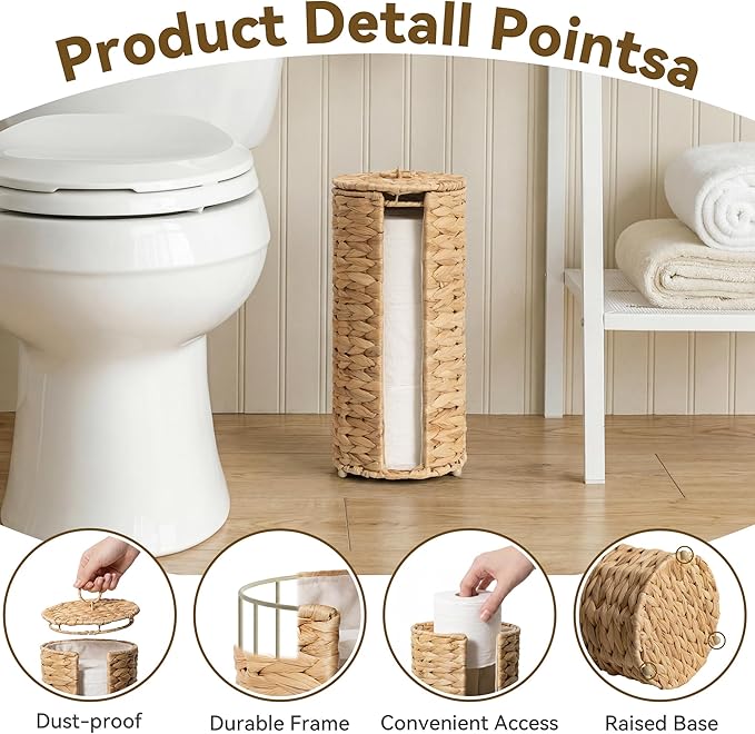 GRANNY SAYS Free Standing Toilet Paper Holder Stand with Storage, Water Hyacinth Wicker Toilet Paper Storage with Lid, Holds 3 Rolls, Tissue Holder for Bathroom with Built-in Cloth Lining