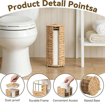 GRANNY SAYS Free Standing Toilet Paper Holder Stand with Storage, Water Hyacinth Wicker Toilet Paper Storage with Lid, Holds 3 Rolls, Tissue Holder for Bathroom with Built-in Cloth Lining