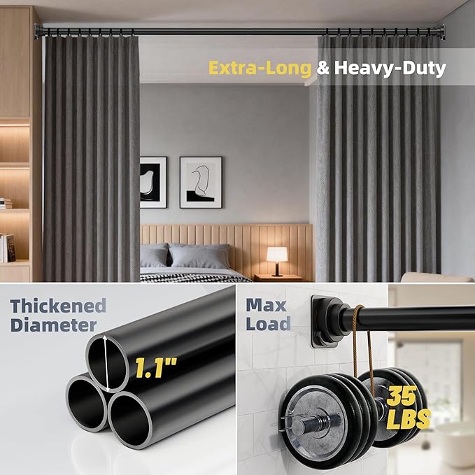 STARLATTA Long Tension Shower Curtain Rod 31-120 Inch (10ft): 1.1" Dia Rustproof Stainless Steel, No Drilling Heavy Duty, Adjustable Room Divider for Bathroom Window, Matte Black