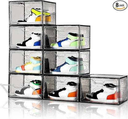 Amllas New Gray 8 Pack Shoe Boxes Stackable, Large Shoe Storage Organizer with Lids,Drop Side Shoe Containers for Entryway,Sneaker Storage Fit up to US Size 13 for Men/Women(13’’x 10.6”x 8.3”)