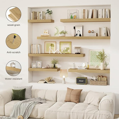 Acovy 48 Inch Floating Shelves, 12" Deep Floating Shelf Wall Mounted, 48" Wall Shelves, Rustic Deep Bookshelf, Extra Deeper & Thicker Display Shelves for Bedroom, Living Room, Oak, Set of 2