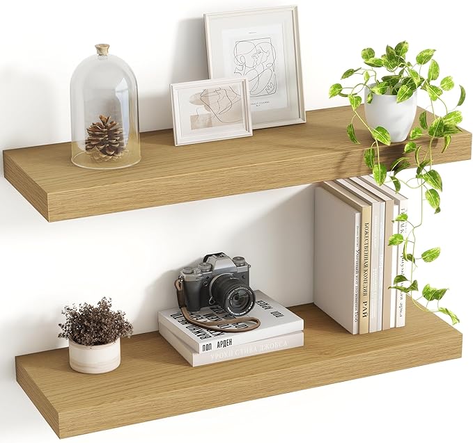 Acovy 24 Inch Floating Shelves, 8 Inch Deep Floating Shelves for Wall, Hanging Shelf with Invisible Brackets, Deep Shelves for Bathroom, Bedroom, Living Room, Oak, Set of 2