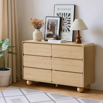 AVZEAR Modern 6 Drawer Dresser for Bedroom, 48" Wide Wooden Dresser Chest of Drawers, Curved Profile Design, Closet Clothes Storage Organizer for Kids Bedroom, Living Room, Nursery, Natural Color