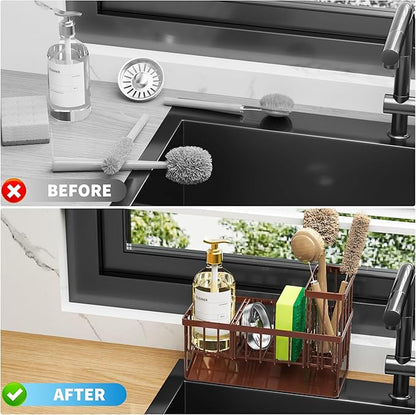 Cisily Kitchen Sink Caddy - Sponge Holder and Organizer with High Brush Holder, Rustproof 304 Stainless Steel Sink Accessories (Brown)